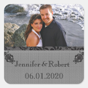 Zwart en Grijs Damask Bruiloft Vierkante Sticker