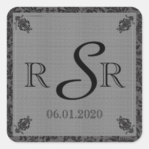 Zwart en Grijs Damast Bruiloft Monogram Vierkante Sticker