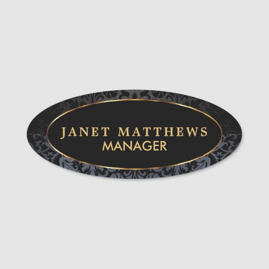 Zwart en Grijs Damast met Gouden Versiering Ontwer Naamplaatje (Voorkant)