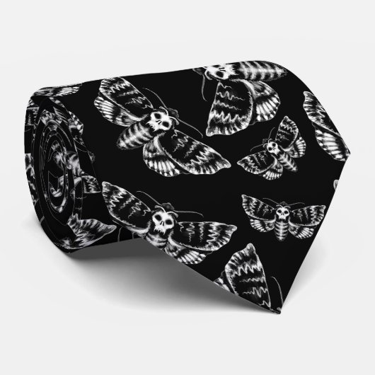 Zwart en grijs doden hoofd Hawk Moth Skull Patroon Stropdas (Opgerold)