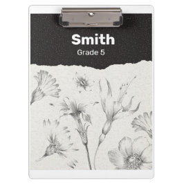 Zwart en Grijs Elegant Bloemen Gepersonaliseerd Klembord