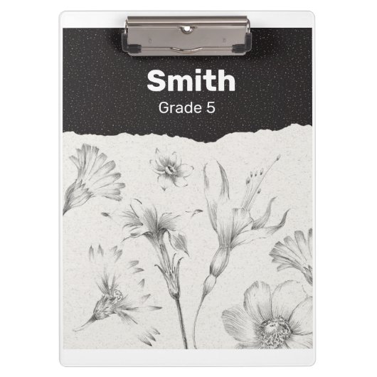 Zwart en Grijs Elegant Bloemen Gepersonaliseerd Klembord (Voorkant)