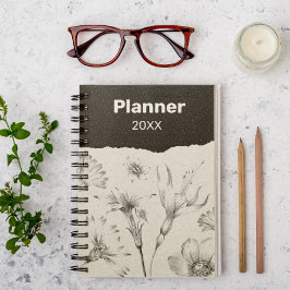 Zwart en Grijs Elegante Bloemen Planner