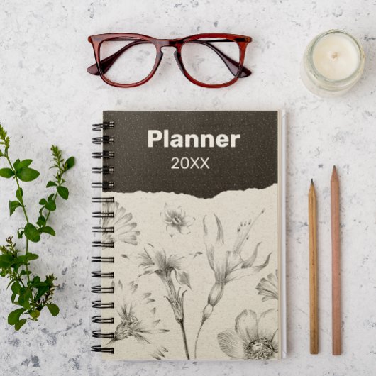 Zwart en Grijs Elegante Bloemen Planner