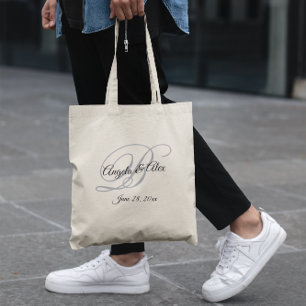 Zwart en grijs fancy monogram bruiloft welkom tote bag