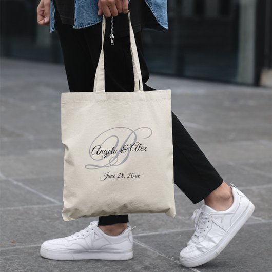 Zwart en grijs fancy monogram bruiloft welkom tote bag