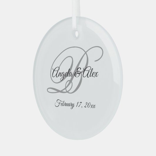 Zwart en grijs Fancy Script-monogram Glas Ornament (Voorkant links)