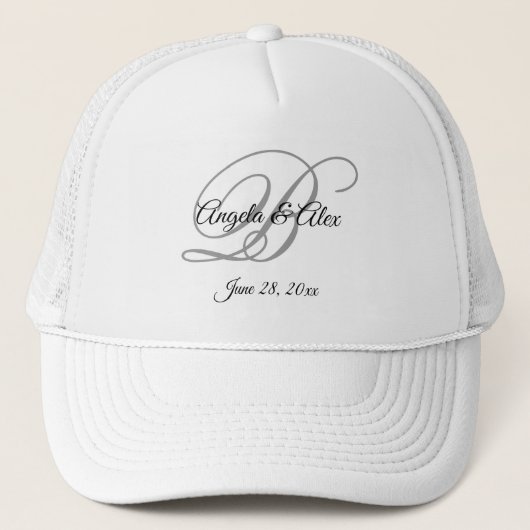 Zwart en grijs fancy script trouwmonogram trucker pet (Voorkant)