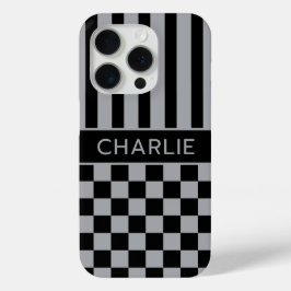 Zwart en grijs geruit gestreept gepersonaliseerd iPhone 15 pro case