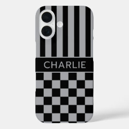 Zwart en grijs geruit gestreept gepersonaliseerd iPhone 16 hoesje