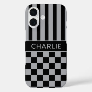 Zwart en grijs geruit gestreept gepersonaliseerd iPhone 16 hoesje