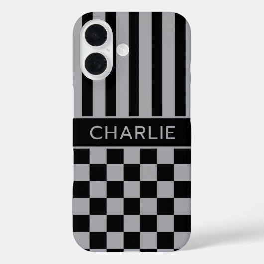Zwart en grijs geruit gestreept gepersonaliseerd Case-Mate iPhone case (Achterkant)