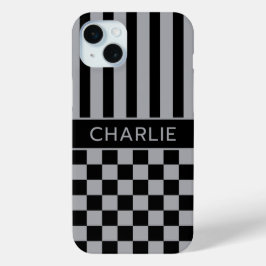 Zwart en grijs geruit gestreept gepersonaliseerd iPhone 15 mini hoesje