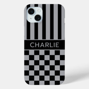 Zwart en grijs geruit gestreept gepersonaliseerd iPhone 15 mini hoesje
