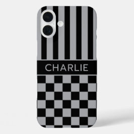 Zwart en grijs geruit gestreept gepersonaliseerd iPhone 16 plus hoesje
