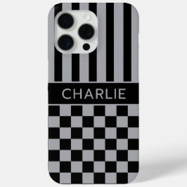 Zwart en grijs geruit gestreept gepersonaliseerd iPhone 15 pro max hoesje