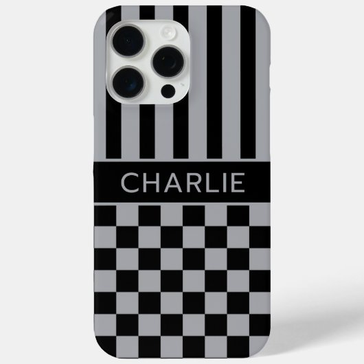 Zwart en grijs geruit gestreept gepersonaliseerd Case-Mate iPhone case (Achterkant)