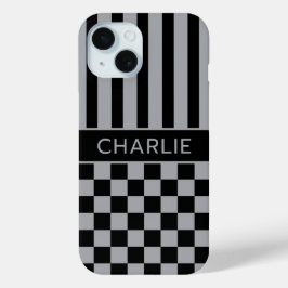 Zwart en grijs geruit gestreept gepersonaliseerd iPhone 15 case