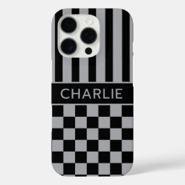Zwart en grijs geruit gestreept gepersonaliseerd iPhone 16 pro hoesje