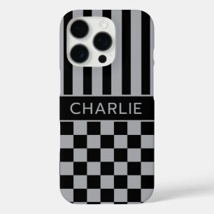 Zwart en grijs geruit gestreept gepersonaliseerd iPhone 16 pro hoesje