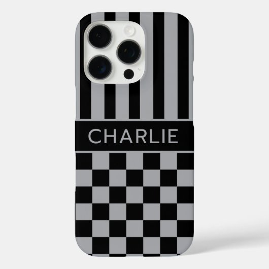 Zwart en grijs geruit gestreept gepersonaliseerd Case-Mate iPhone case (Achterkant)