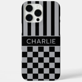 Zwart en grijs geruit gestreept gepersonaliseerd iPhone 16 pro max hoesje