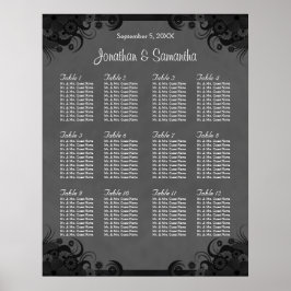 Zwart en Grijs Gothic Bruiloft 12 Tafel Zitgrafiek Poster