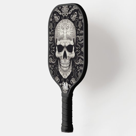Zwart en Grijs Gothic Scull Textuur Monogram Pickleball Paddle (Links)