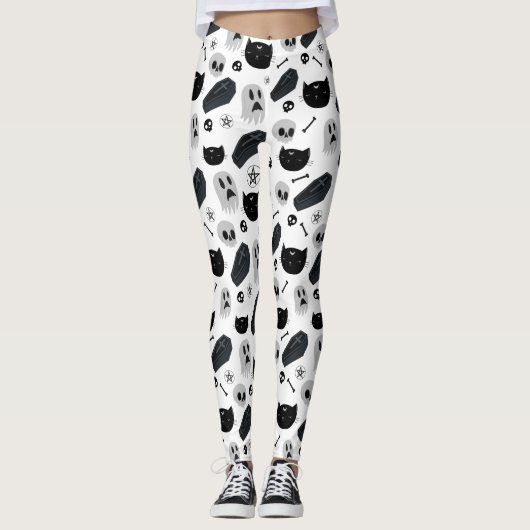 Zwart en Grijs Halloween Icons Patroon Leggings (Voorkant)