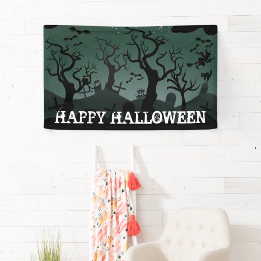 Zwart en grijs kerkhof, spooky bomen Halloween Spandoek (Insitu)