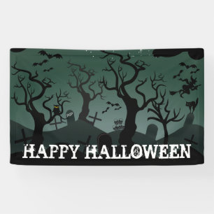Zwart en grijs kerkhof, spooky bomen Halloween Spandoek