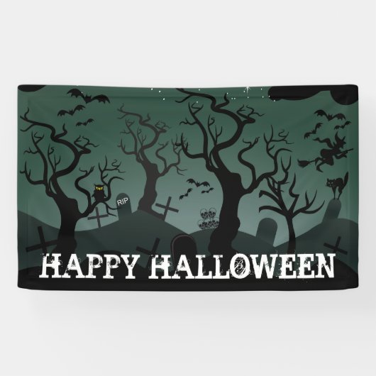 Zwart en grijs kerkhof, spooky bomen Halloween Spandoek (Horizontaal)