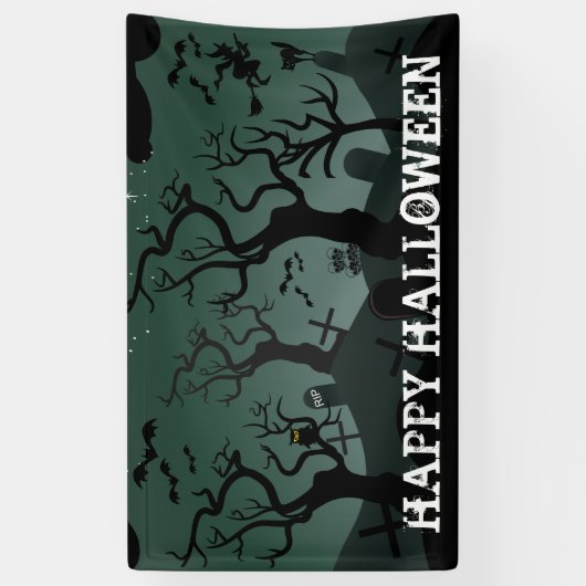 Zwart en grijs kerkhof, spooky bomen Halloween Spandoek (Verticaal)