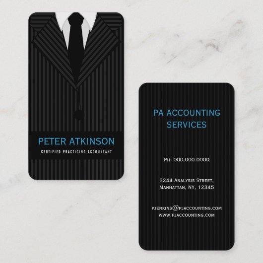 Zwart en Grijs Pinstripe Suit Verticale Accountant Visitekaartje (Voorkant / Achterkant)
