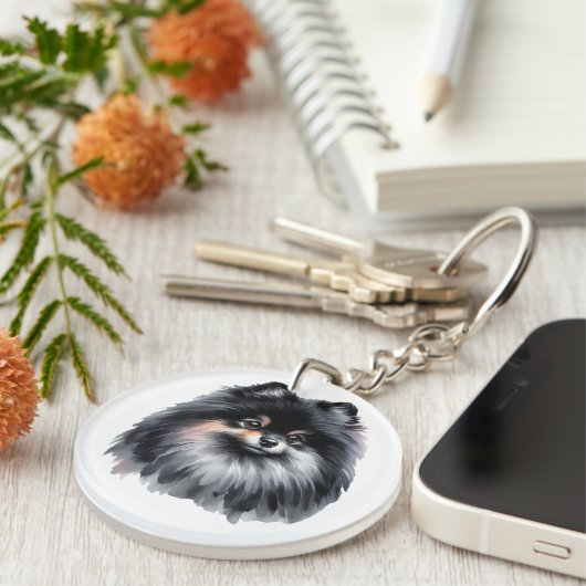 Zwart en grijs Pomeranian Sleutelhanger (Voorkant Rechts)