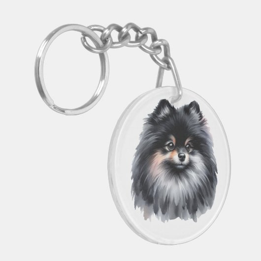 Zwart en grijs Pomeranian Sleutelhanger (Voorkant Links)