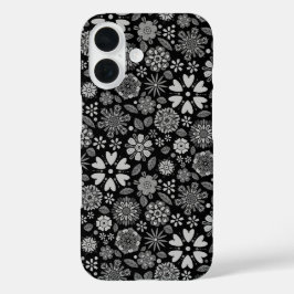 Zwart en grijs retro bloem kunst naadloos patroon iPhone 16 hoesje