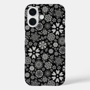 Zwart en grijs retro bloem kunst naadloos patroon iPhone 16 hoesje