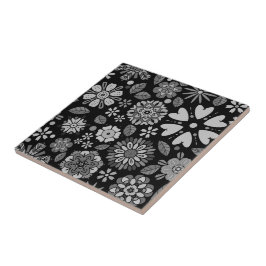Zwart en grijs retro bloemkunst naadloos patroon tegeltje