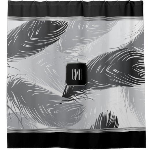Zwart en grijs Ventilatorpatroon met monogram Douchegordijn (Voorkant)