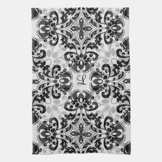 Zwart en grijs Victoriaans damast decor Theedoek (Verticaal)