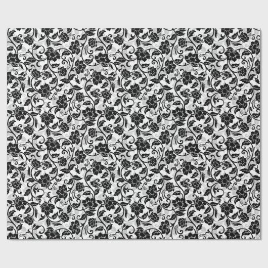 Zwart en grijs wervelende bloemen inpakpapier (Vlak)