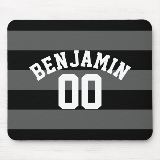 Zwart en grijs zilver Rugby Stripes Name Number Muismat (Voorkant)