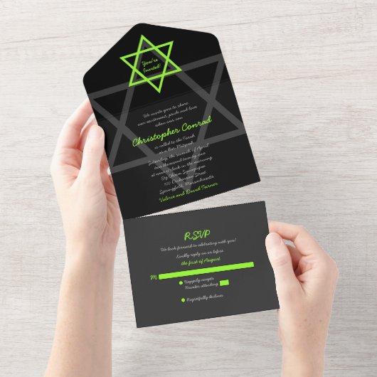 Zwart en groen Bar Mitzvah RSVP All In One Uitnodiging (Afscheurbaar)