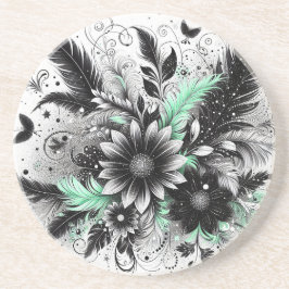 Zwart en groen Bloemen Zandsteen Onderzetter