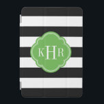 Zwart en Groen Brede Strepen Monogram iPad Mini Cover<br><div class="desc">Het moderne,  stijlvolle vormgeving van een iPad-draagtas is voorzien van een strak,  nautisch horizontaal streepjespatroon dat is afgestemd op uw monogram-initialen of naam in een quatrefolie-lijst. Klik op Aanpassen om het monogram lettertype en de kleuren te wijzigen in creëer uw eigen unieke model.</div>