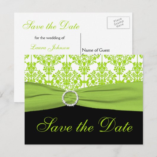 Zwart en Groen Damask Save the Date Briefkaart (Voorkant / Achterkant)