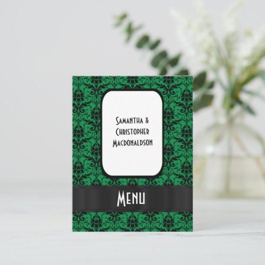 Zwart en groen damast formeel huwelijksmenu kaart (Staand voorkant)