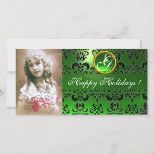 ZWART EN GROEN DAMAST Smaragd Monogram Feestdagenkaart