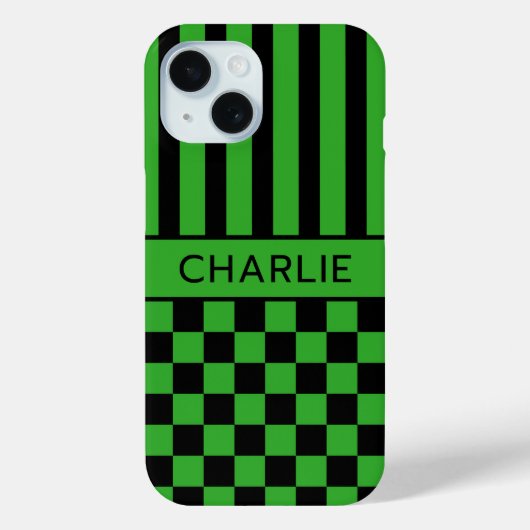 Zwart en groen geruit gestreept gepersonaliseerd Case-Mate iPhone case (Achterkant)